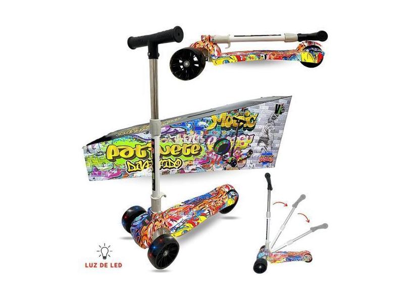 Patinete Infantil 3 Rodas Dobrável Altura Ajustável C/ Led F114 - Euro