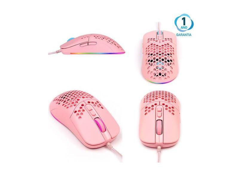 Mouse Gamer Rosa Rgb 7600 Dpi Óptico Usb 7 Botões Ambidestro Garantia