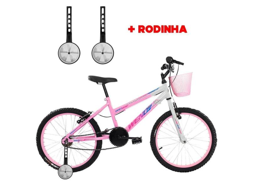 Bicicleta Infantil Aro 20 Feminina Com Rodinha Lateral e Cesta Freios V-Brake Wendy Para Meninas Rosa Branco