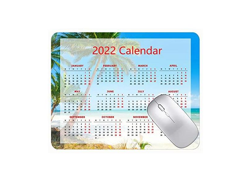 Mouse pad com calendário 2022 com bordas costuradas, preto, para jogos, praia, palmeiras, tapete de borracha