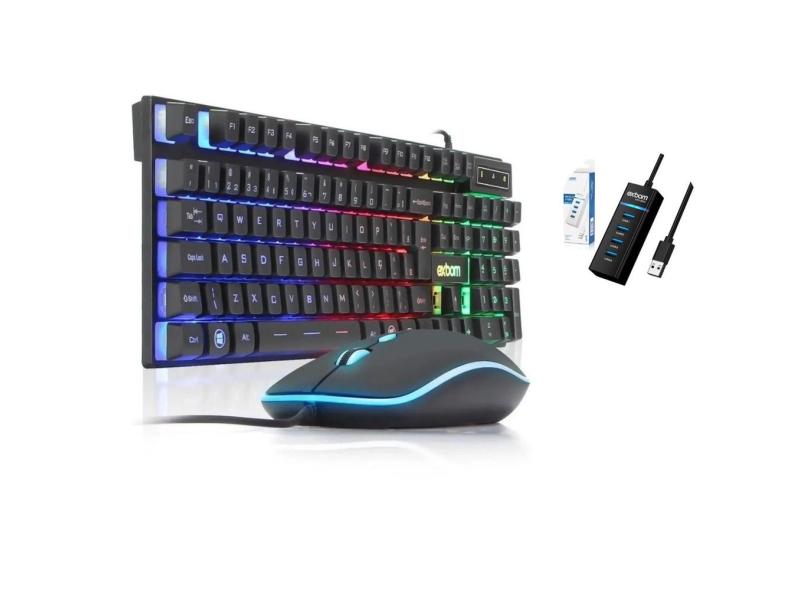 Kit teclado e mouse ergonômico LED rgb Com Hub Usb 3.0