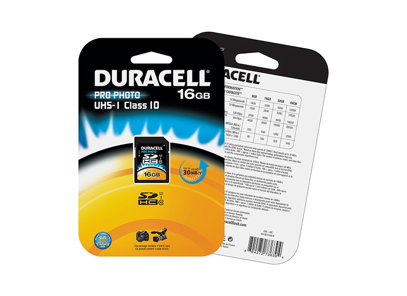 Cartão de Memória SDHC-I Duracell 16 GB DU-SDHC1016GU-R