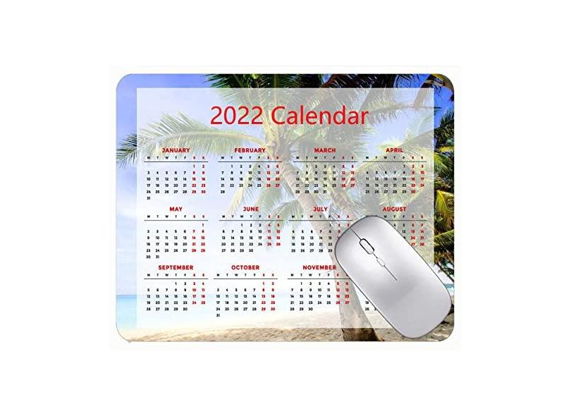 Mouse pad 2022 Calendário com feriados, tapete de mouse para jogos de praia tropical palmeiras com bordas costuradas