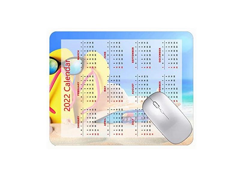 Mouse pad com calendário 2022 com bordas costuradas, preto, para jogos, flip, óculos de sol, estrela-do-mar, mouse pad para escritório