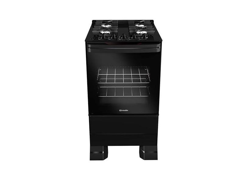 Fogão Mueller 4 bocas Preto com Mesa de Vidro e grades de ferro fundido Bivolt MFV4BF