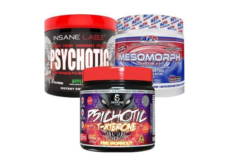 Combo 3X Pré Treino: 1X Psychotic Insane Labz + 1X Mesomorph 388Gr + 1