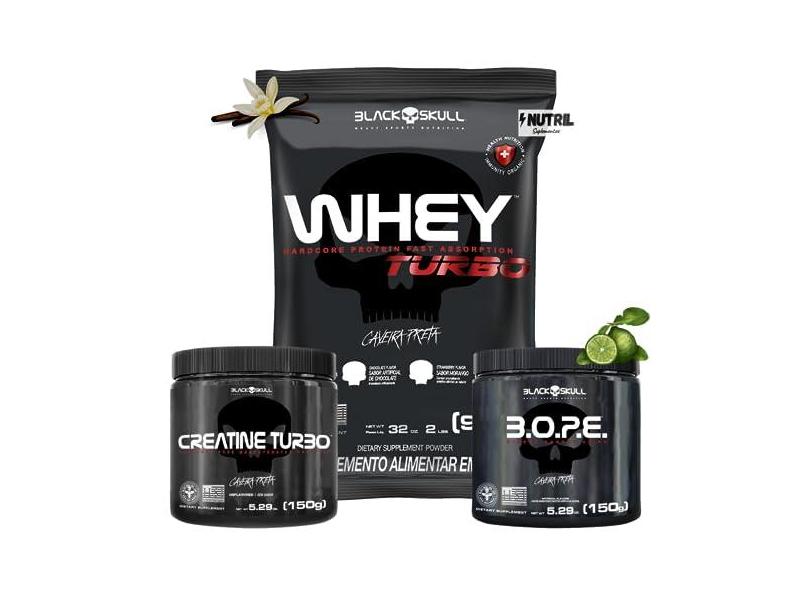 Whey Protein Concentrado + Creatina Monohidratada 150g + Pré-Treino B.O.P.E 150g - Kit Black Skull Para Ganho de Massa e Força (Whey Turbo Baunilha - B.O.P.E Limão)