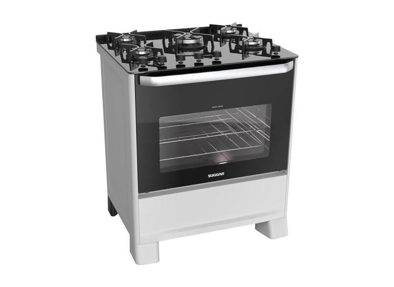 SUGGAR FOGÃO BEST GRILL BRANCO 220V MESA DE VIDRO 5 BOCAS GRILL NO FORNO TRIPLA CHAMA TREMPES FERRO FUNDIDO FGV506BR2
