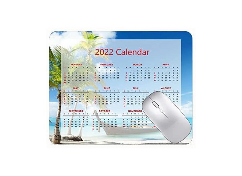 Mouse pad com calendário 2022 com bordas costuradas, preto, para jogos, Tailândia, praia, palmeiras, árvores