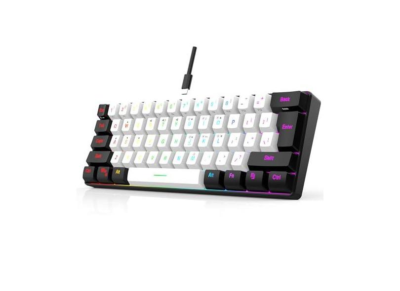 60% mini teclado para jogos com fio, teclado fofo de 61 teclas, teclado RGB iluminado, 25 teclas, sensação mecânica anti-fantasma, portátil, ultra compacto, 61 teclas, preto e branco para computador