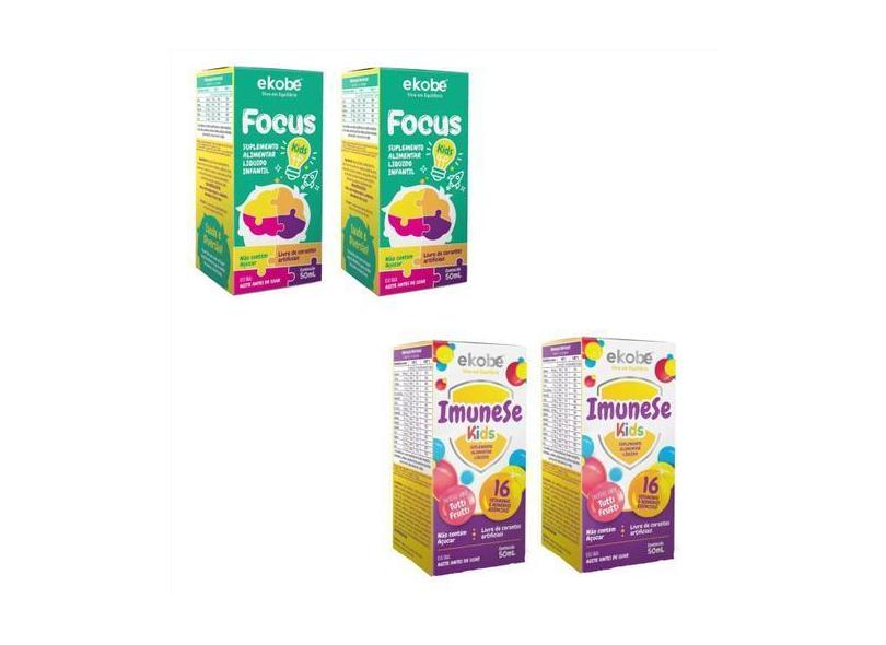 2X Focus Kids Para Memória + 2X Imunese Kids- 16 Vitaminas - Ekobé