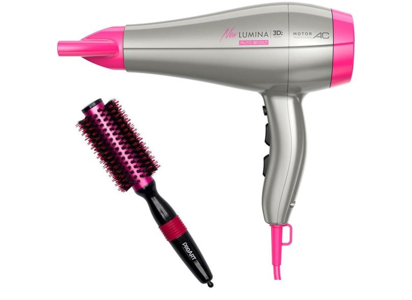 Kit - secador de cabelo gama new lumina 3D 2200W bv - escova proart metalica pro rosa 25MM - EPM05