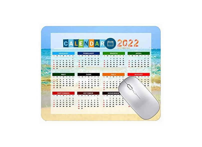 Mouse pad com calendário 2022 com bordas costuradas, tapete preto para jogos, praia, azul, mar, sol, sol