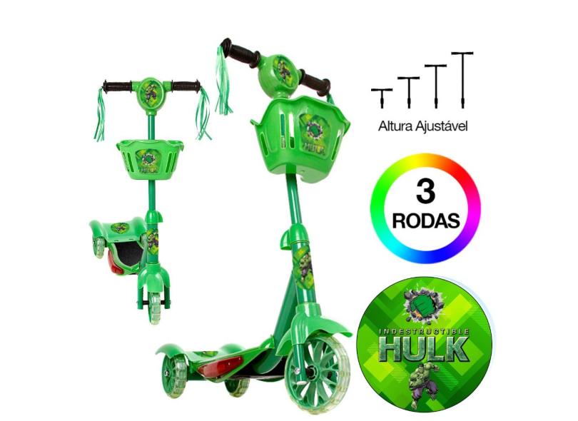 Patinete Infantil Hulk 3 Rodas com Cestinha C Led e Som