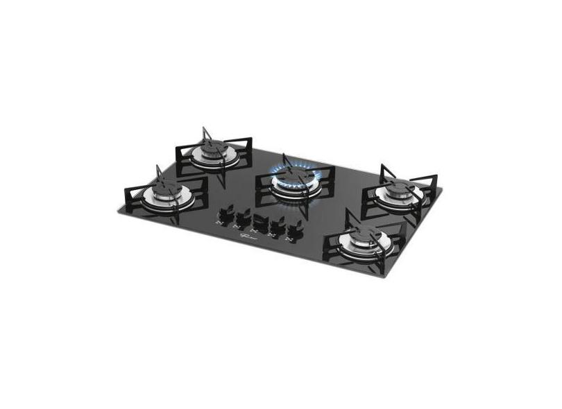 Cooktop Fischer A Gás 5 Bocas Mesa De Vidro Preto Trempes Em Aço Carbo