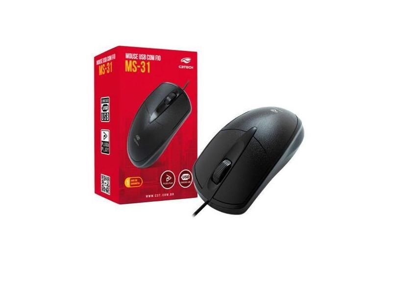 Mouse USB com Fio 3 botões MS-31 C3T Preto NF 1 ano garantia - C3tech