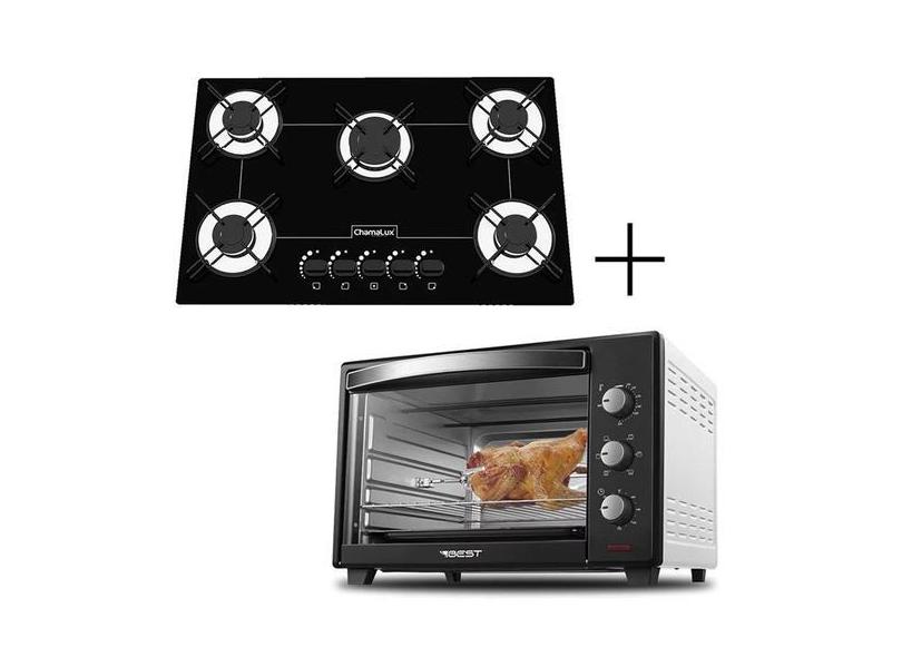 Fogão Cooktop 5 Bocas Preto + Forno De Eletrico 60 Litros - CHAMALUX, 