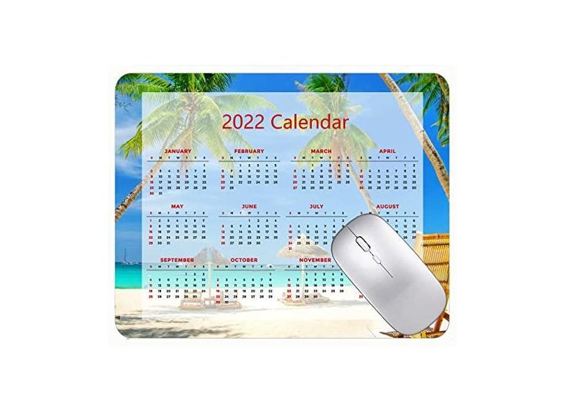 Mouse pad para jogos com calendário 2022, mouse pad para jogos com lindas palmeiras de praia com bordas costuradas