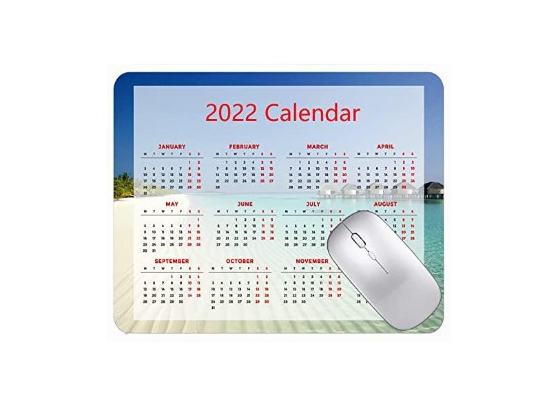 Mouse pad com calendário 2022 com feriados, tapete de mouse para jogos com palmeiras e bordas costuradas