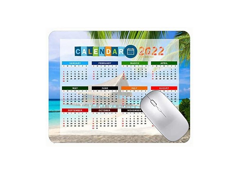 Mouse pad com calendário 2022 com bordas costuradas, tapete de mouse preto para jogos Tropical Beach Resort Palm