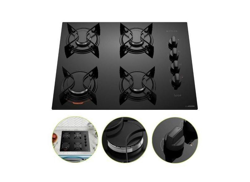 Fogão 4 Bocas Embutir Cooktop Mega Chama Elétrico Atlas, Preto, Bivolt