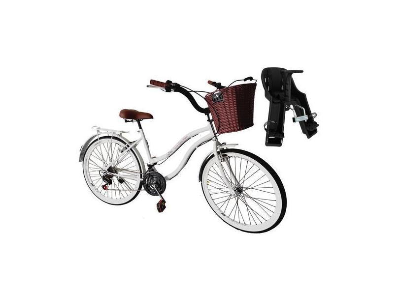 Bicicleta Com Cadeirinha Frontal  Aro 26 Retrô 18V Branco - Maria Clar