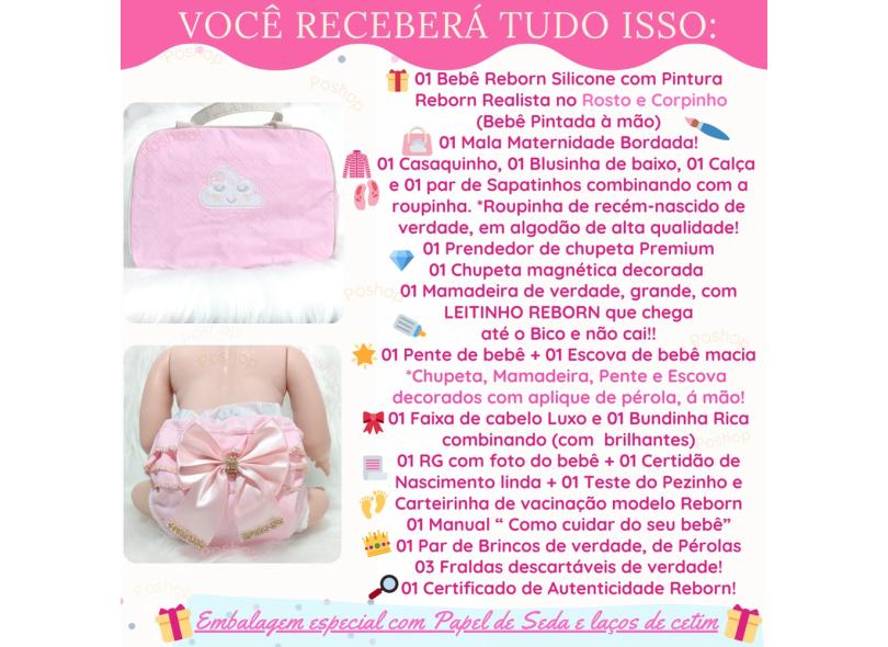 Boneca Bebê Reborn Corpo Silicone Com Enxoval Com Chupeta - ShopJJ