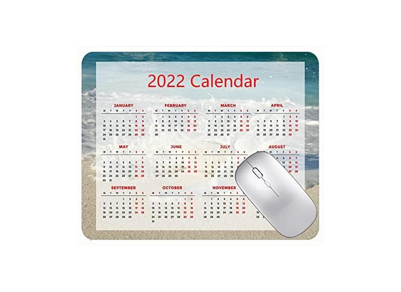 Mouse pad calendário 2022 com bordas costuradas, preto, para jogos, praia, mar, espuma, pedra, base de borracha antiderrapante