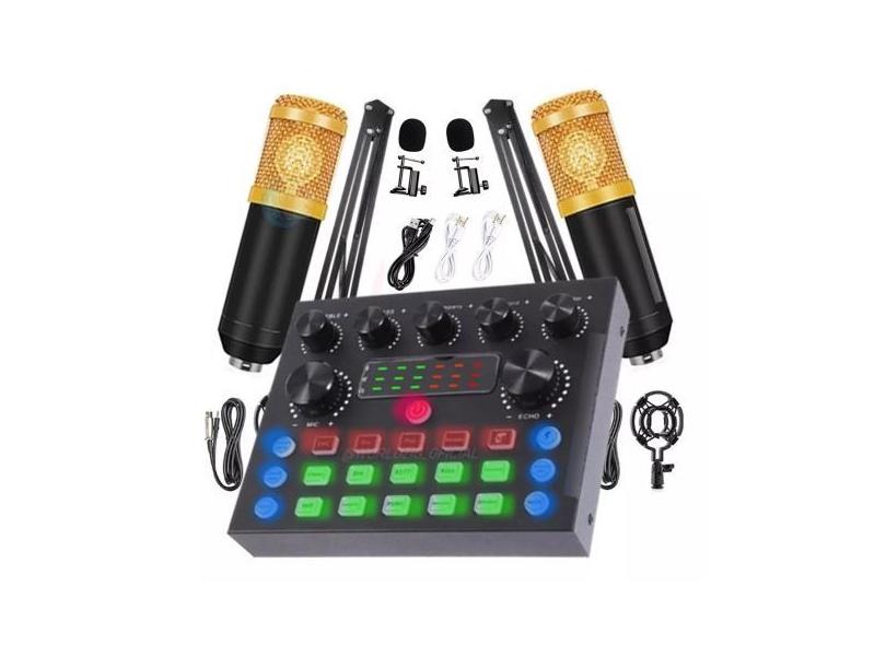Sistema Live Sound Card V8S Mixer Podcaster Com 2 Microfones Condensad