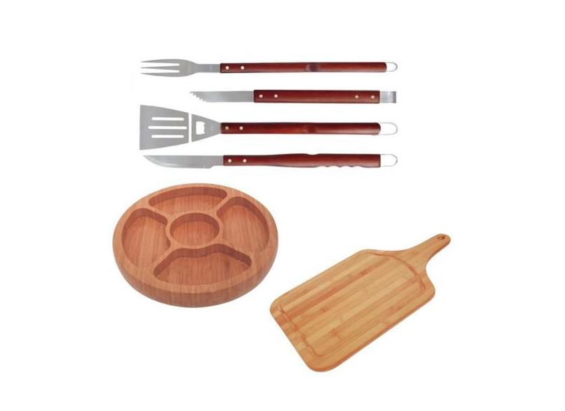 Kit Churrasco Com Tabua, Bandeja, Garfo Faca Pegador E Espatula 6 Iten