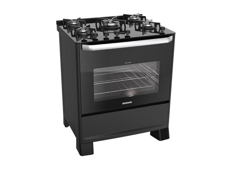 SUGGAR FOGÃO BEST GRILL PRETO 220V MESA DE VIDRO 5 BOCAS GRILL NO FORNO TRIPLA CHAMA TREMPES FERRO FUNDIDO FGV506PT2