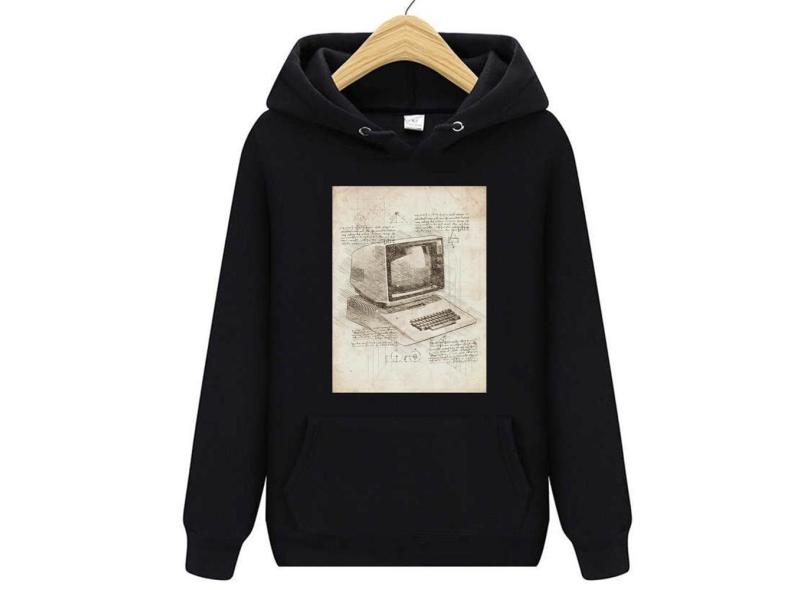 Moletom preto Desenho Vintage Computador Antigo masculino feminino flanelado