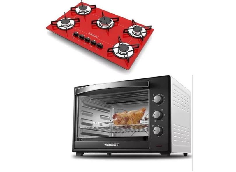 Fog o Cooktop 5 Bocas Vermelho + Forno De Eletrico 60 Litros