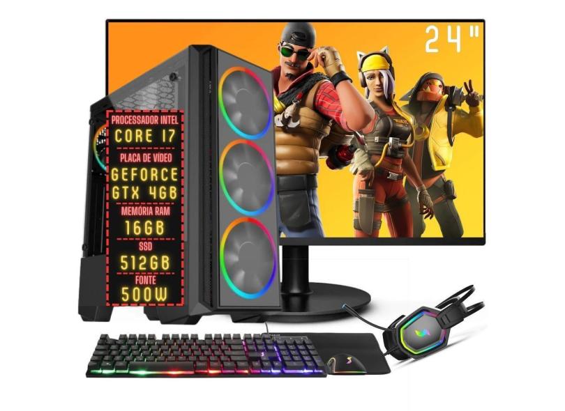 PC Gamer Completo 3green FPS Intel Core i7 16GB RAM Placa de vídeo Geforce GTX 4GB SSD 512GB Monitor 24&quot; Full HD 75Hz Fonte 500W  3GF-064