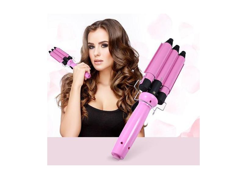 Chapinha Modelador Cabelo Cerâmica Tri-Onda Ondulador Bivolt Cor Rosa