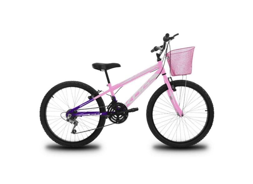 Bicicleta Infantil Aro 24 KOG Feminina 18 Marcha 3x8 Velocidades com Cestinha para Meninas Violeta Degrade Branco