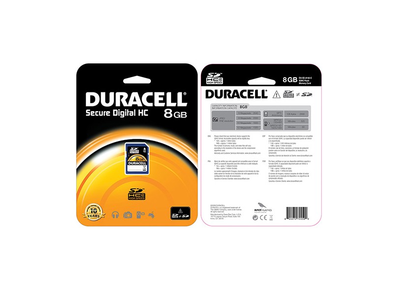 Cartão de Memória SDHC Duracell 8 GB DU-SD-8192-R