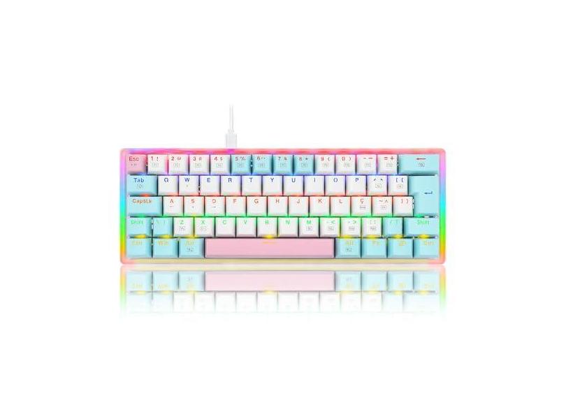 TECLADO MECANICO GAMER AKALI KEYCAPS ROSA, BRANCO E AZUL RAINBOW SWITCH MARROM