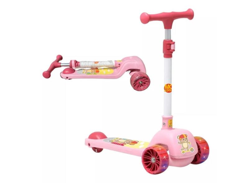 Patinete Infantil Urso Fofo Led Rosa Altura Ajustável 50kg