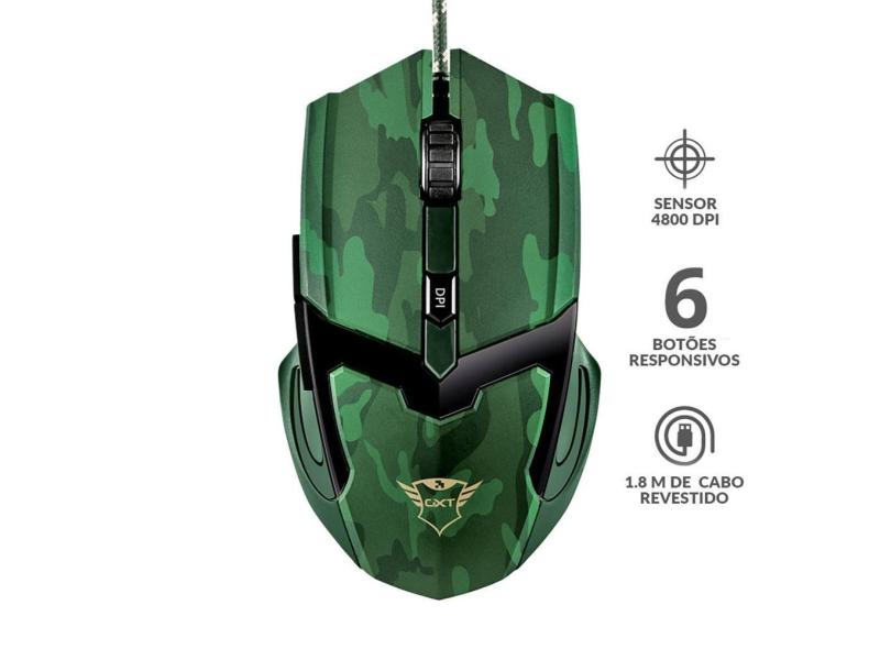 Mouse Gamer 6 Botões dpi Ajustável até 4800 Precisão para Jogos Trust gxt 101C gav Jungle Camo