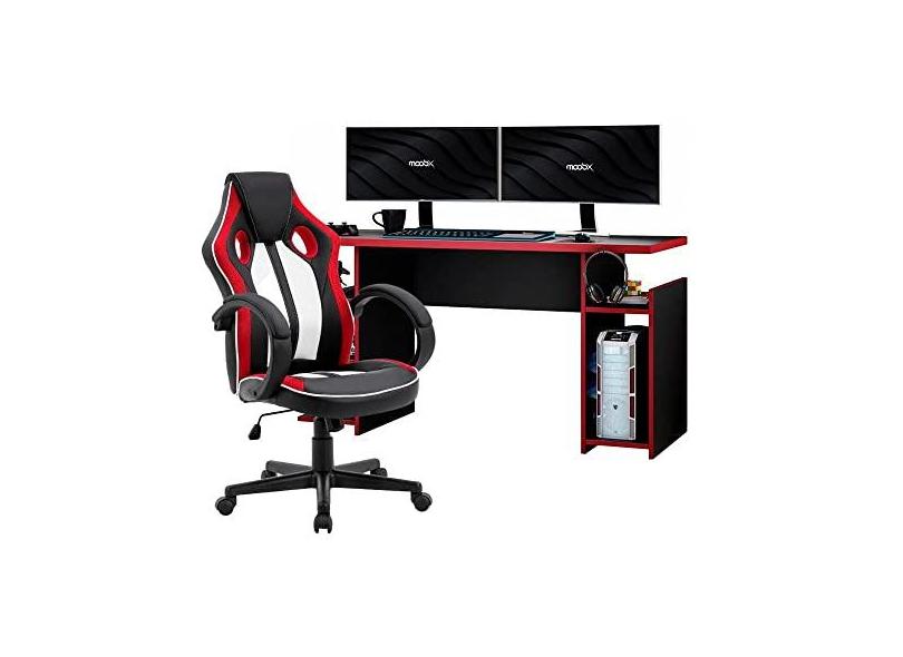 Mesa Gamer Xp Vermelho + Cadeira Gamer Royale Preto Branco e Vermelho