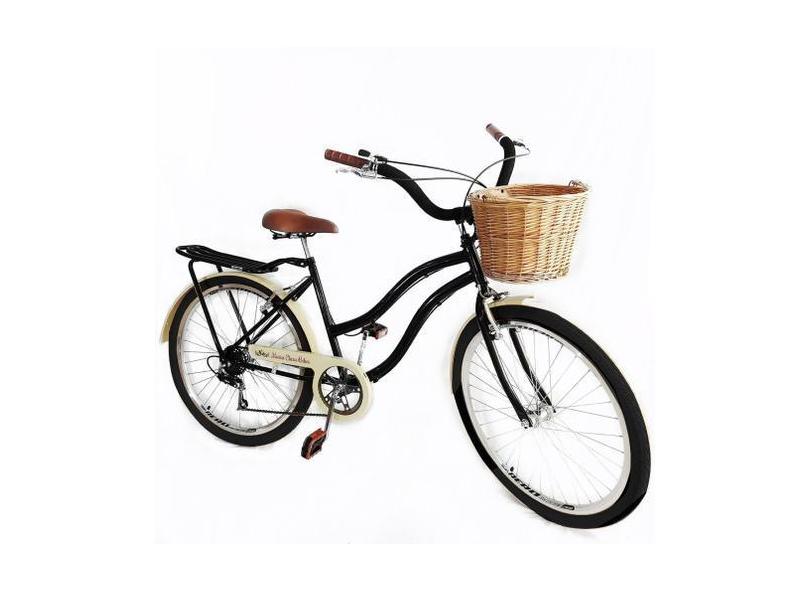 Bicicleta Aro 26 Feminina Com Cesta Vime 6 Marchas Preto Bg - Maria Cl