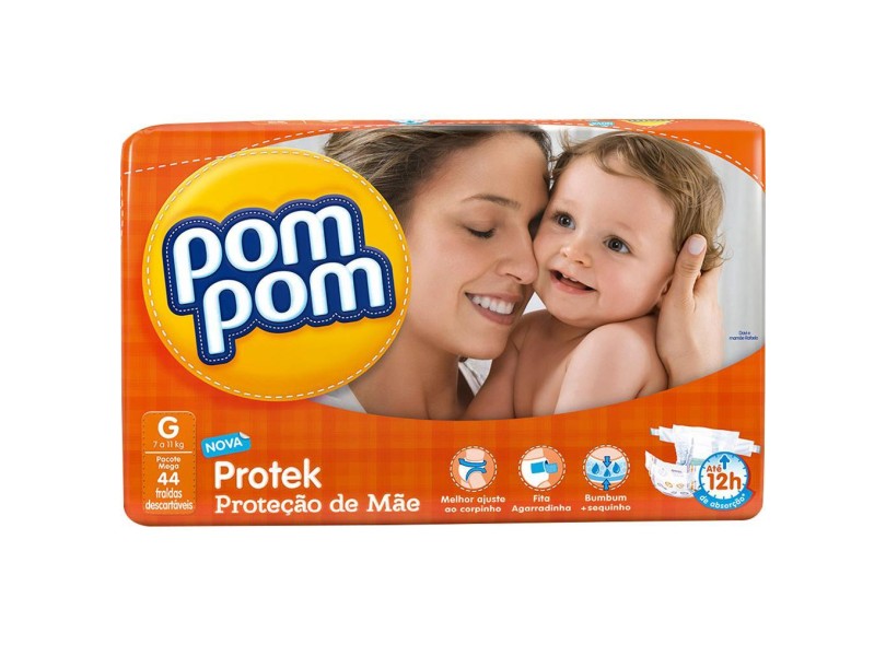 Fralda Pom Pom Protek Proteção de Mãe Tamanho G Mega 44 Unidades Peso Indicado 7 - 11kg