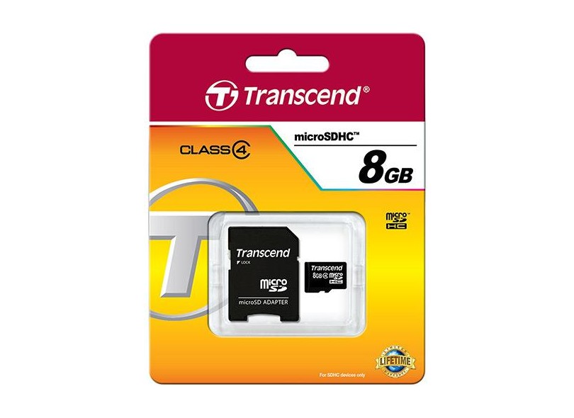 Cartão de Memória Micro SDHC com Adaptador Transcend 8 GB TS8GUSDHC4