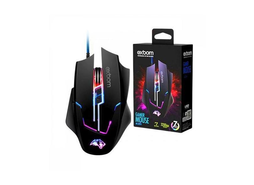 Mouse Gamer LED RGB com 7 Botões Base de Metal 3200 DPI Exbom MS-G270,