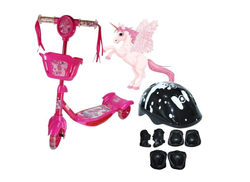 Patinete Infantil 3 Rodas Unicornio Com CestaE Kit Capacete