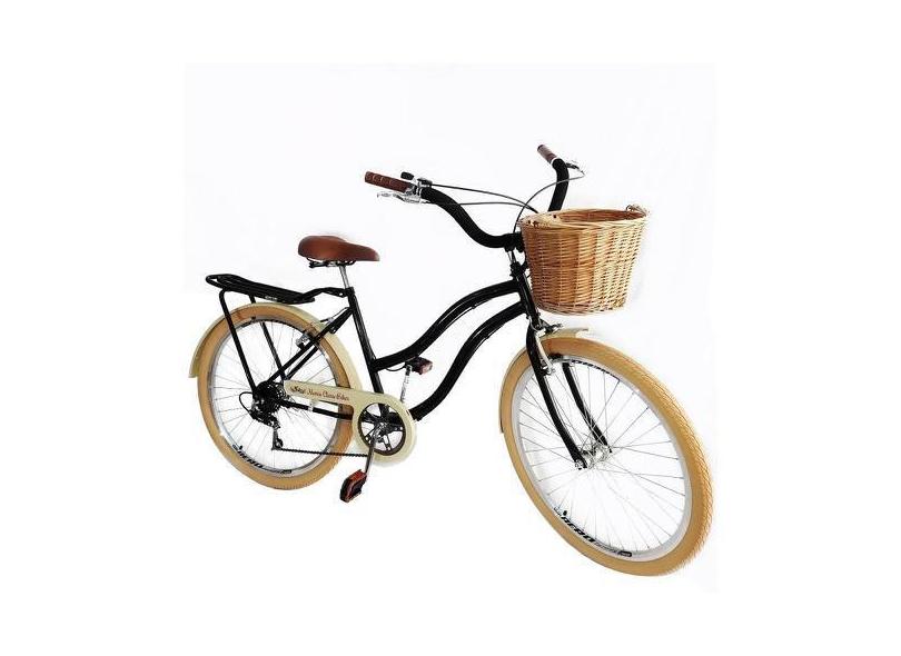 Bicicleta Aro 26 Retrô 6V Cesta De Vime Bagageiro Preto Bg - Maria Cla