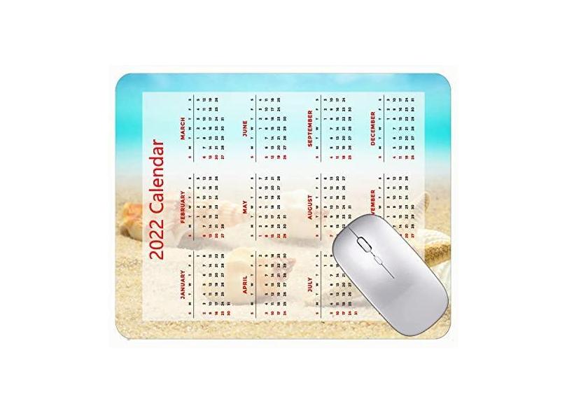 Mouse pad com calendário 2022 com bordas costuradas, preto, conchas, estrela-do-mar, praia, mar e borracha