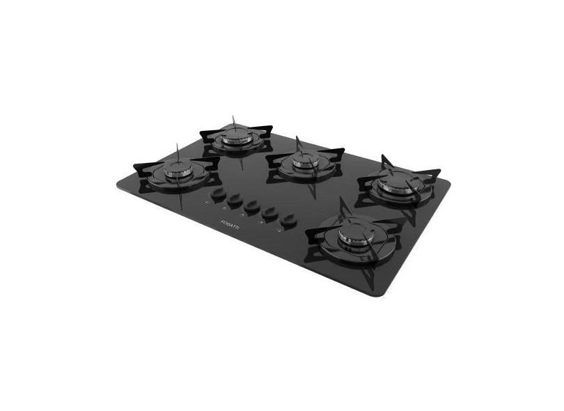 Cooktop 5 Bocas Elétrico a Gás GLP Fogatti Mesa em Vidro Preto, Esmalt
