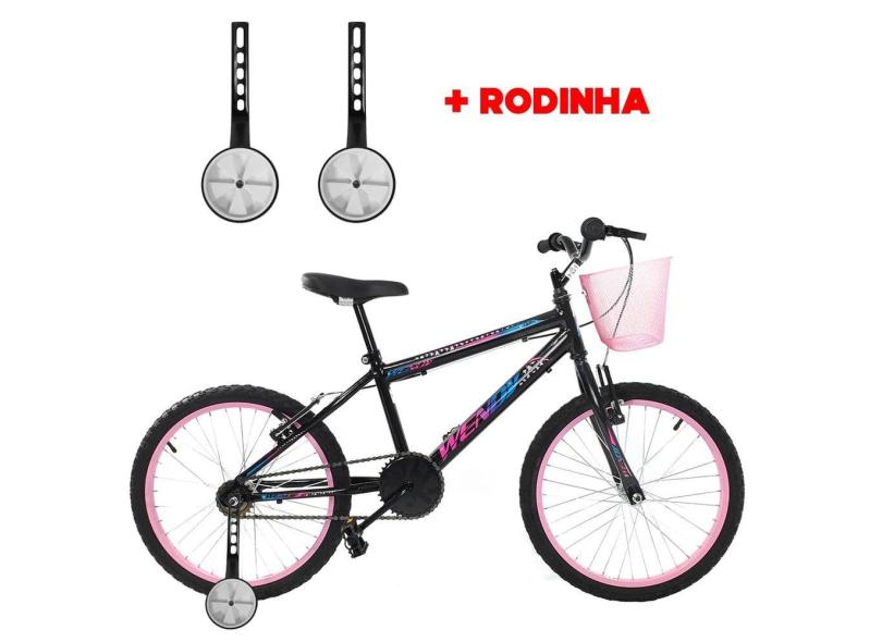 Bicicleta Infantil Aro 20 Feminina Com Rodinha Lateral e Cesta Freios V-Brake Wendy Para Meninas Preto Rosa